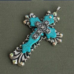 Large Faux Turquoise Rhinestone Cross Pendant
